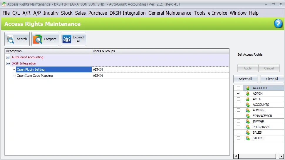 AutoCount Access Rights Maintenance showing Open Plugin Setting and Open Item Code Mapping permissions under DKSH Integration