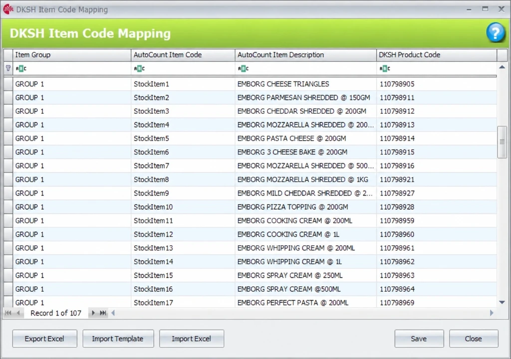 AutoCount Item Code to DKSH Material Code mapping screen