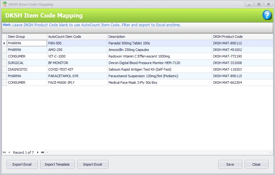 AutoCount Item Code to DKSH Material Code mapping screen