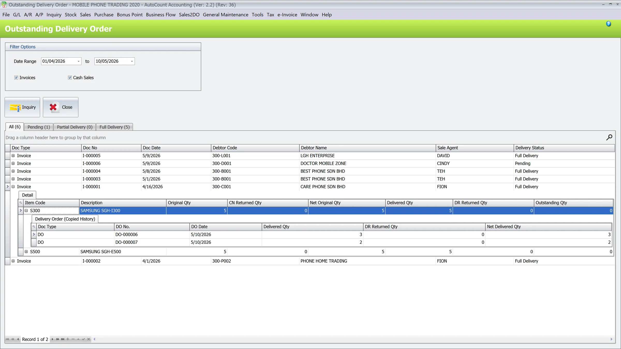 Outstanding Delivery Order dashboard