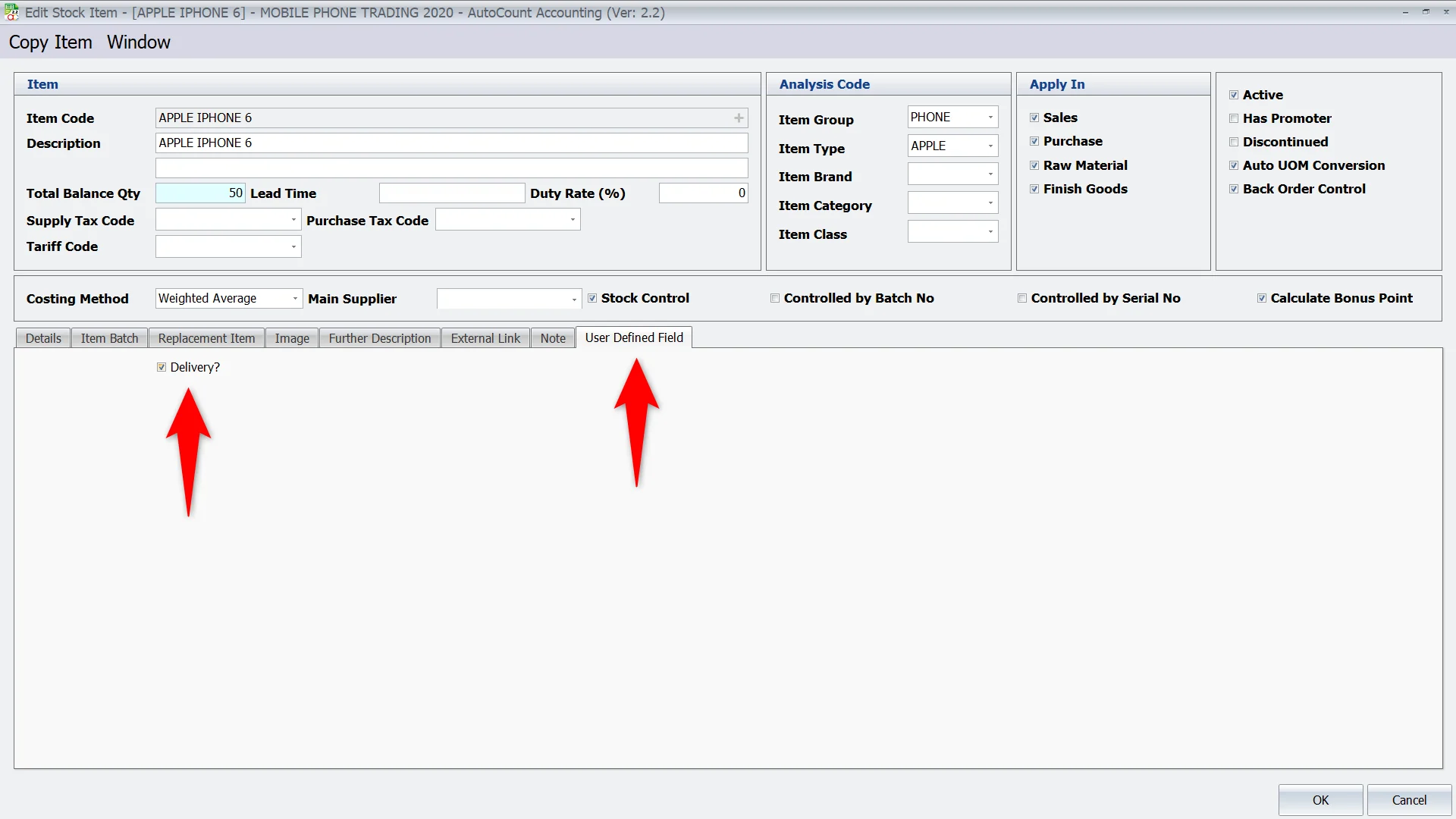 Stock Item Maintenance - Delivery? checkbox