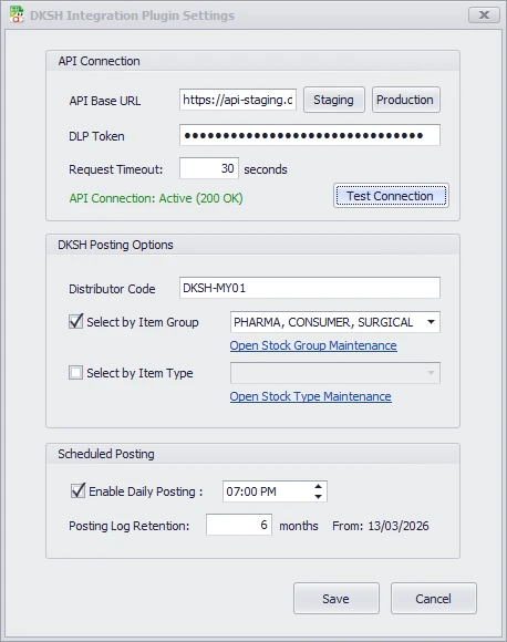 DKSH Integration Plugin Settings dialog
