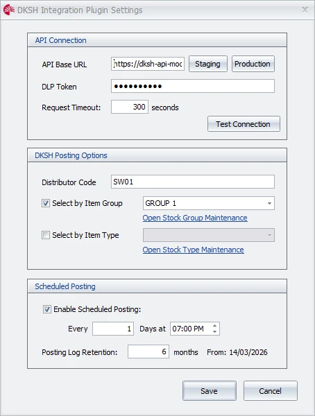 DKSH Integration Plugin Settings dialog