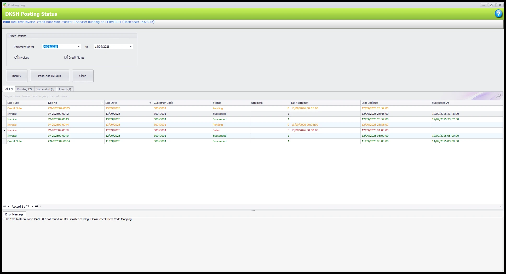 DKSH Posting Status monitor dashboard in AutoCount