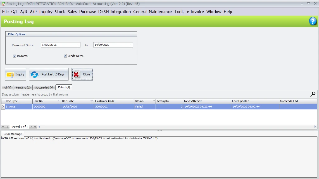 DKSH Posting Status monitor dashboard in AutoCount