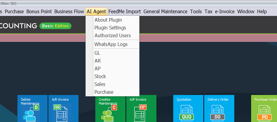 AutoCount AI Agent Ribbon Menu in AutoCount Accounting
