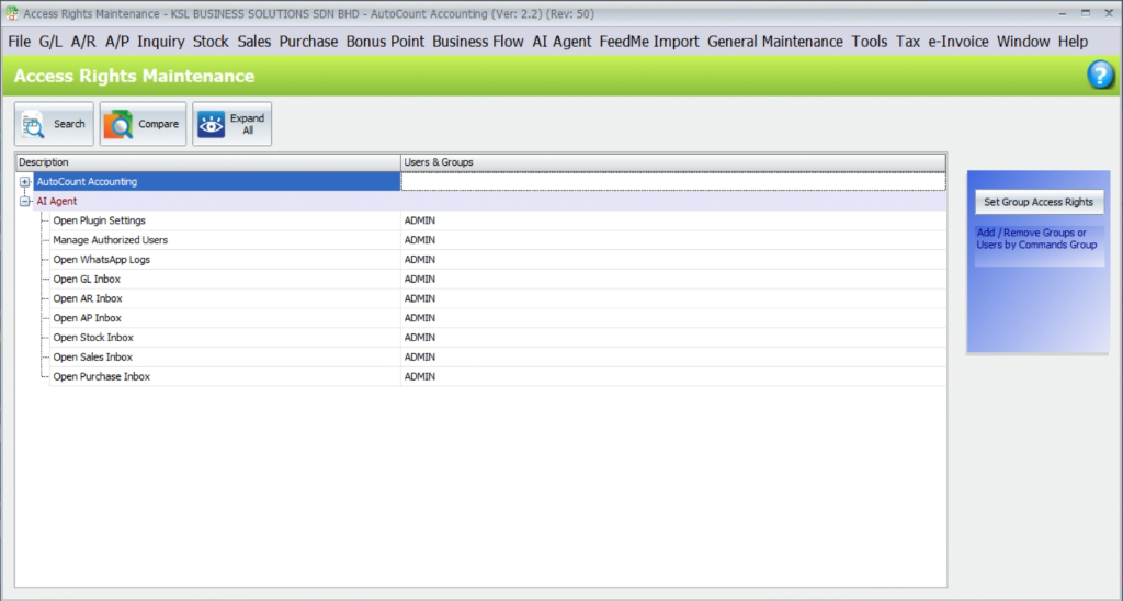 AutoCount Access Rights Maintenance showing AI Agent permissions
