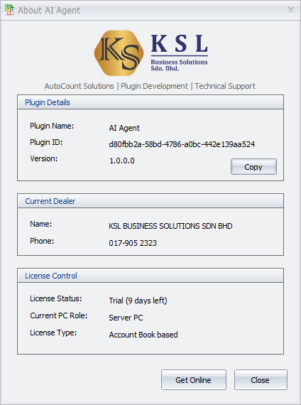 AutoCount AI Agent License Control - About Plugin with Get Online button