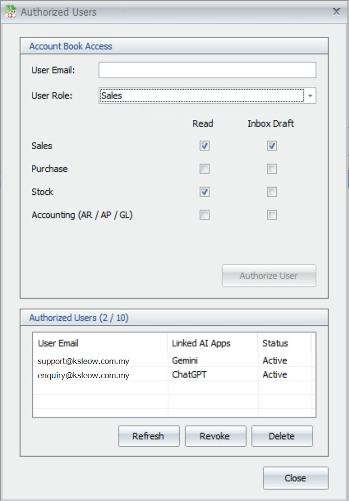 AutoCount AI Agent Authorized Users dialog