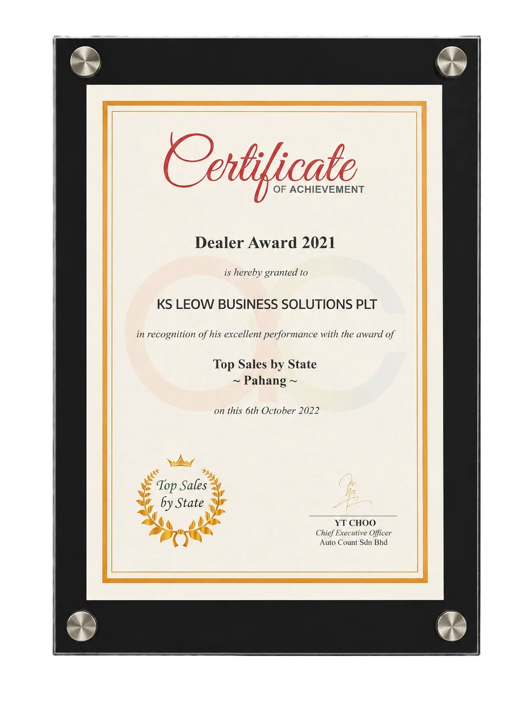 AutoCount Top Dealer certificate 2021
