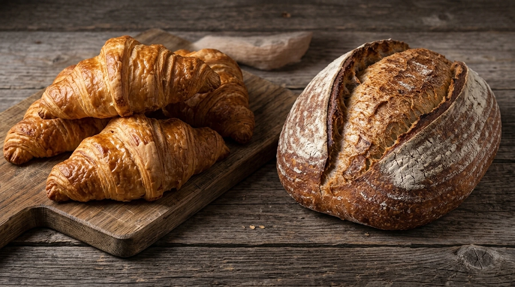 Artisanal flaky croissants and freshly baked sourdough bread loaf on rustic wood cutting board