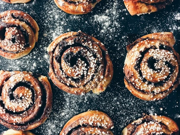 Glazed cinnamon roll spirals fresh from the oven