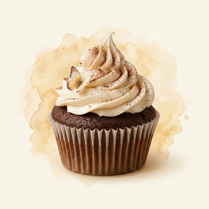 Gourmet chocolate cupcake with tall whipped vanilla swirl frosting and cocoa dust