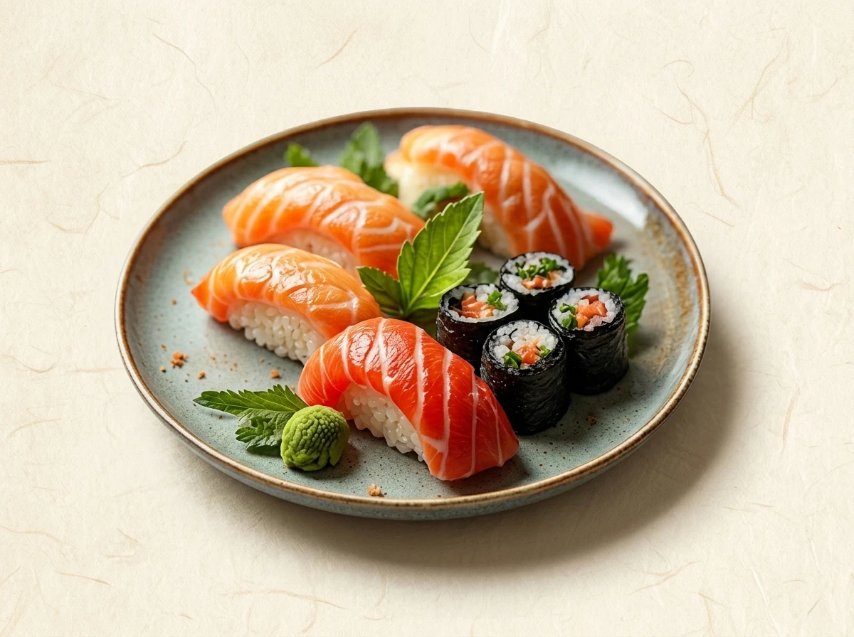 Artisanal Japanese salmon nigiri sushi and hosomaki rolls on grey-blue speckled ceramic plate with fresh wasabi
