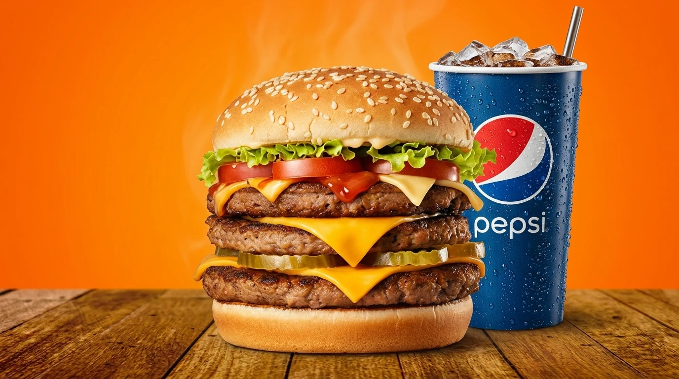 MF Gyros Signature Triple Cheeseburger and fountain drink combo on rustic wooden tabletop